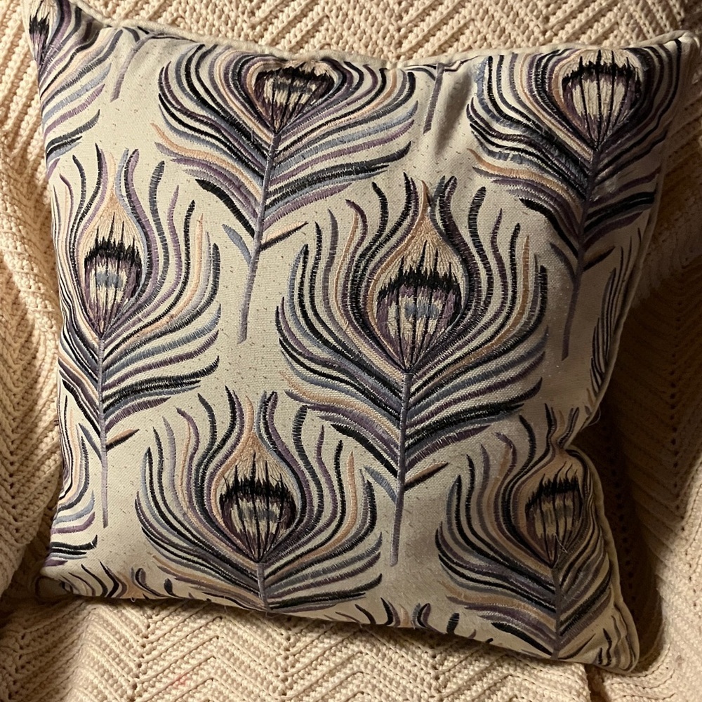 Peacock feathers embroidered throw pillow  with feather down insert